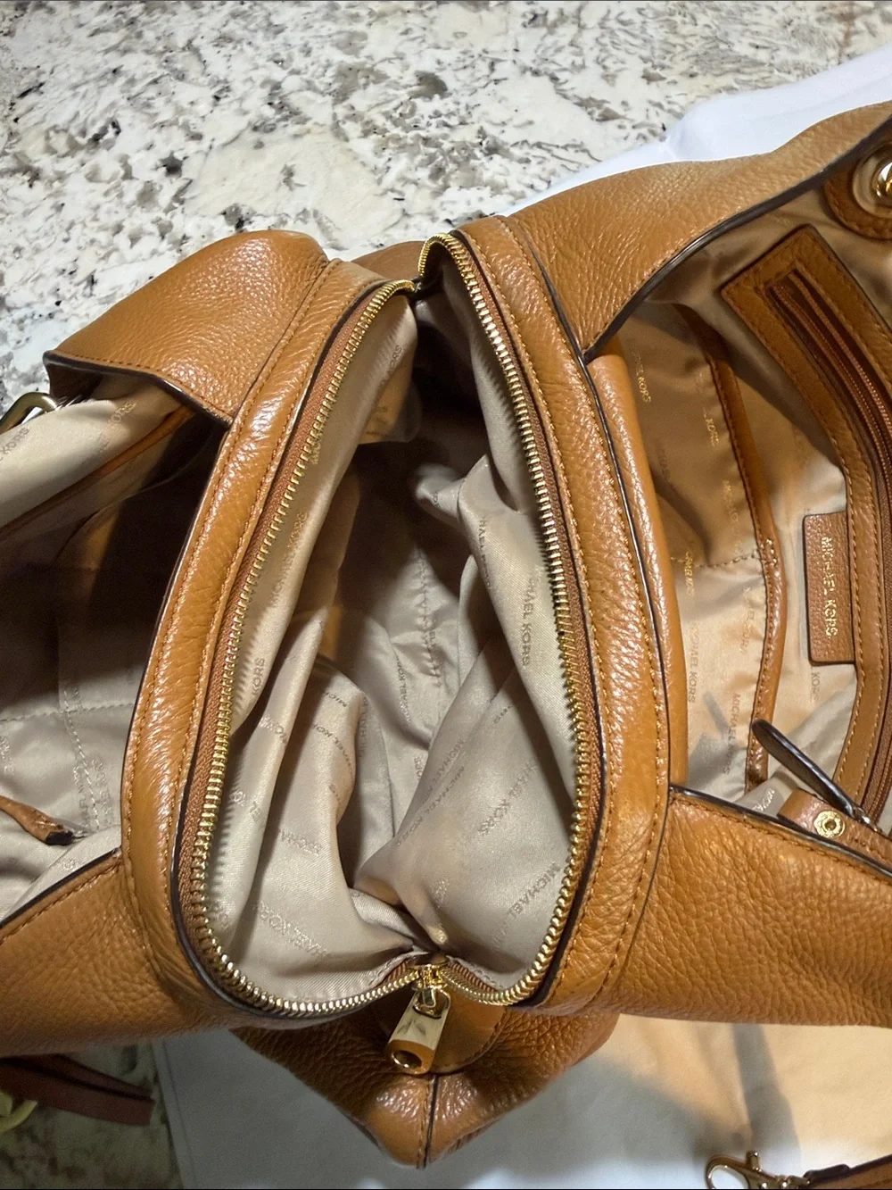 Michael Kors Cognac Pebbled Leather Shoulder Tote with Gold Hardware